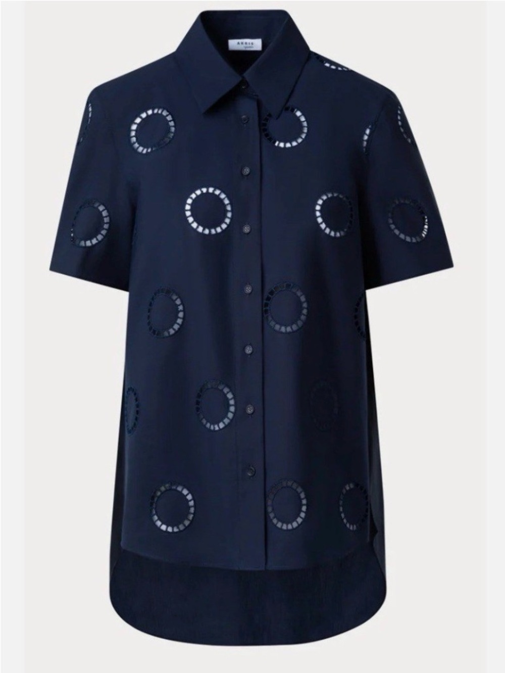 AKRIS PUNTO FREY SHORT SLEEVE CIRCLE EYELET SHIRT W/ HIGH-LOW HEM, SIZE 6.